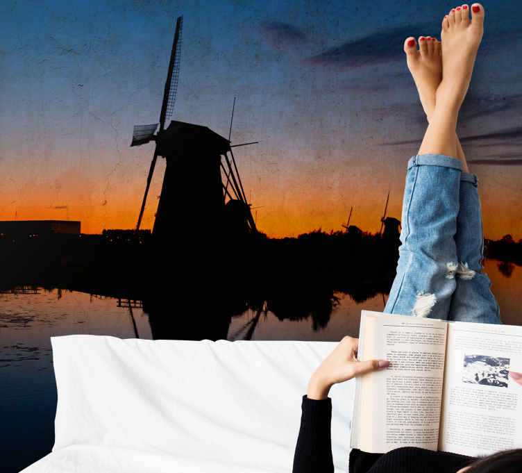 Gün batımında hollanda yel değirmeni duvar kağıdı - TenStickers