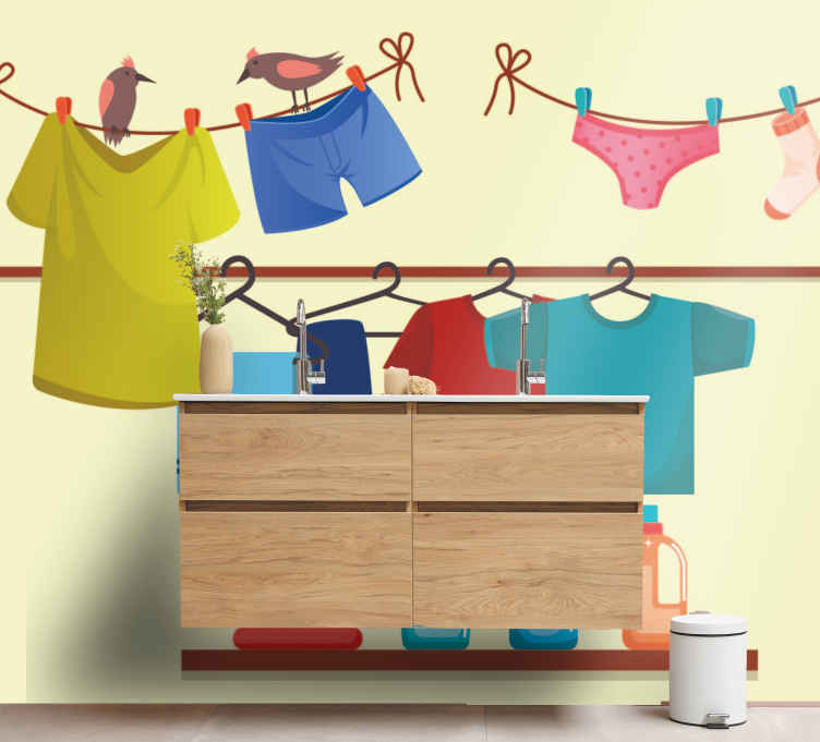 Love wall mural clothesline with birds - TenStickers