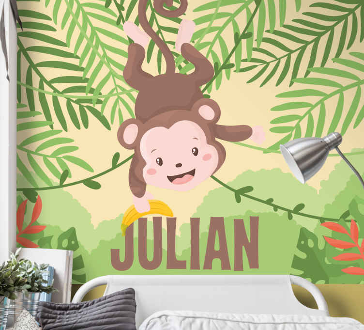 Macaco bonito do bebê que pendura na árvore cartazes para a parede •  posters risadinha, macaco, oscilante