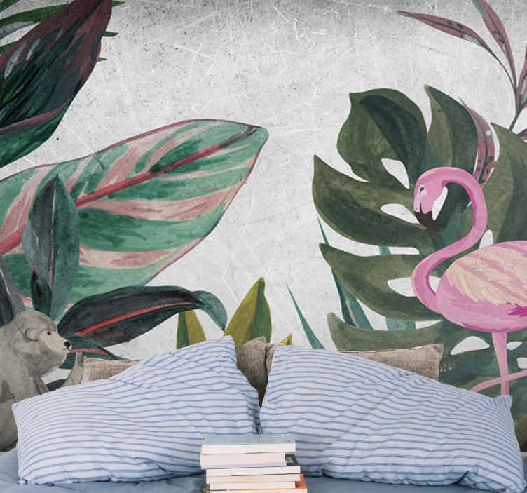 Fotomural naturaleza Hojas tropicales con monos y flamencos. - TenVinilo