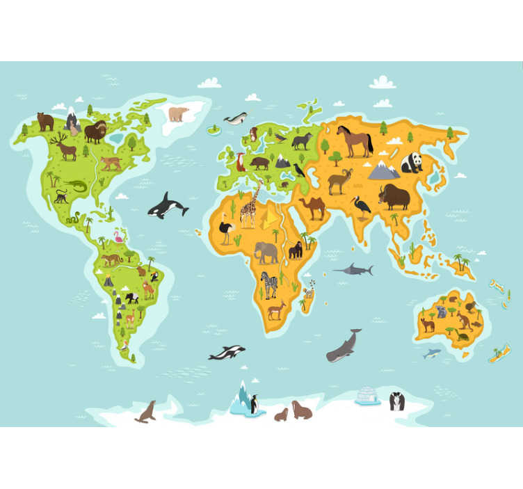 Estadísticas Cita gramática Mural infantil mapamundi con animales - TenVinilo
