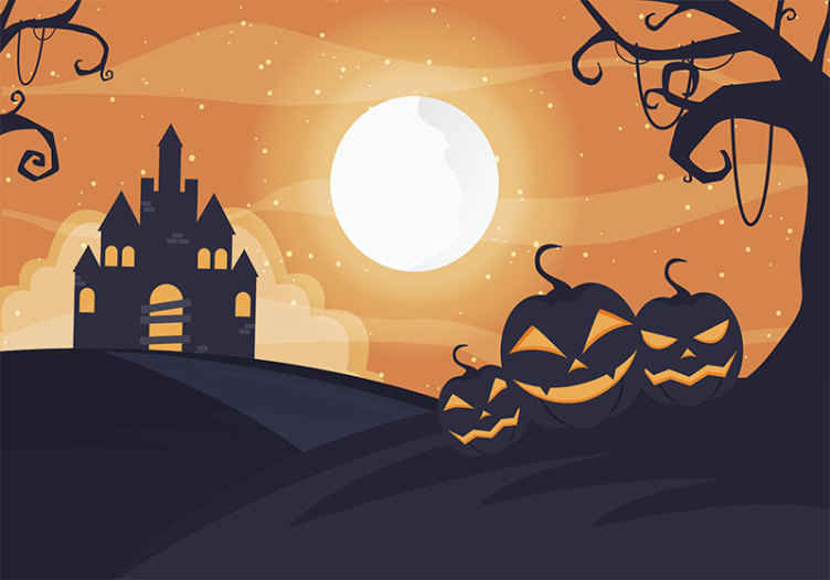 Fotomural infantil naranja castillo Halloween - TenVinilo