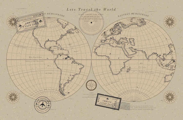 Mapa do mundo vintage com fotomural de caligrafia - TenStickers