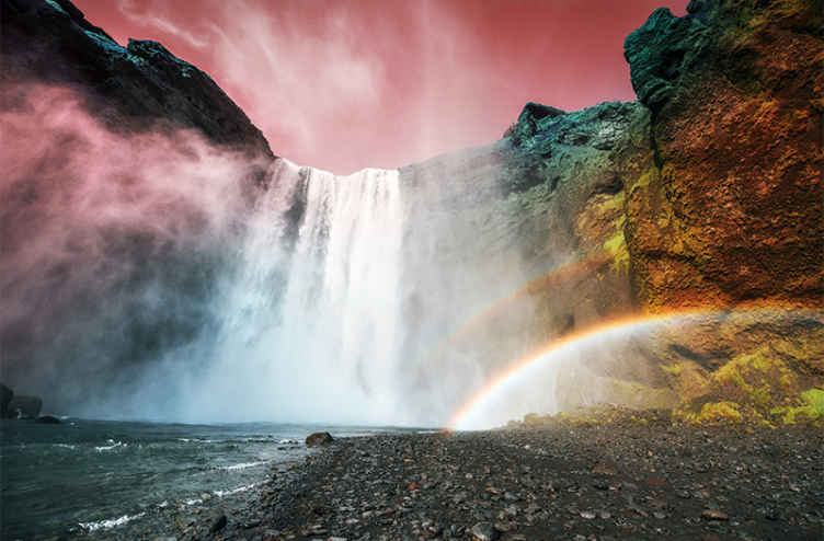 Huge waterfall red sky Waterfall Wall Mural - TenStickers