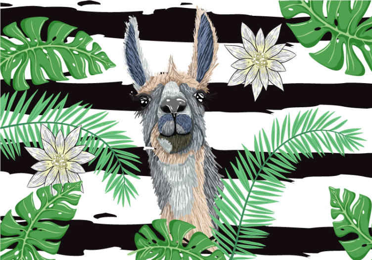 Llama with monstera leaves wall mural - TenStickers