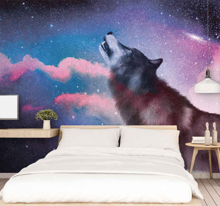 星に吠える白いオオカミ現代の壁画の壁紙 Tenstickers