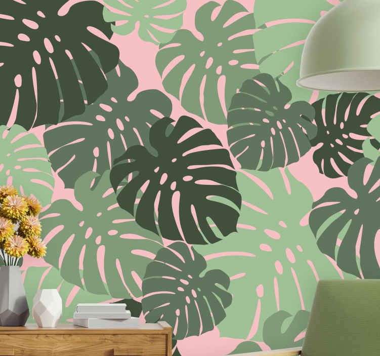 Murales per camera Foglie di monstera di colore rosa