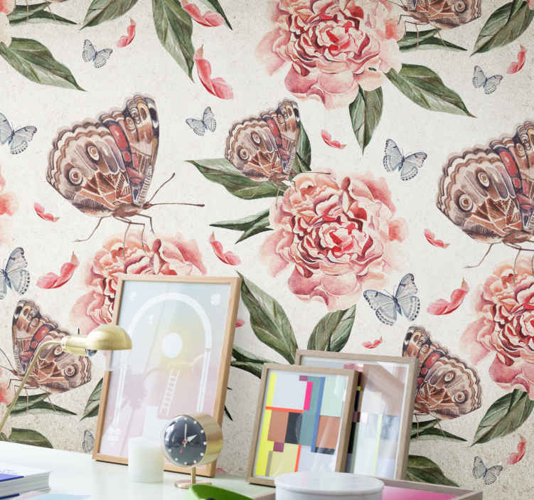 Fotomurali fiori Rose e farfalle vintage ad acquerello