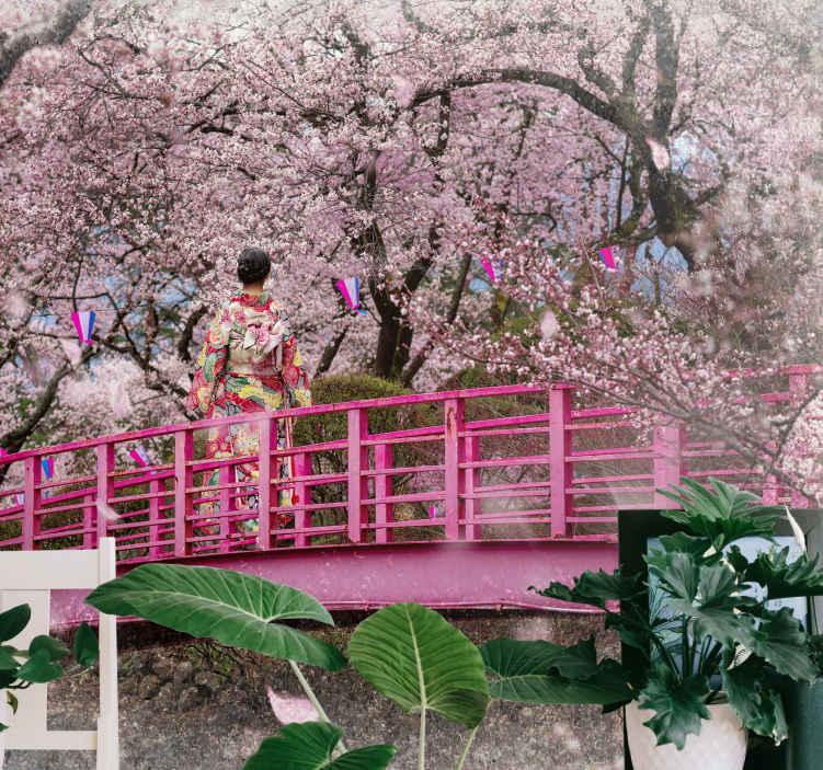 Fotomural de flores Flor de cerezo y un puente rojo - TenVinilo