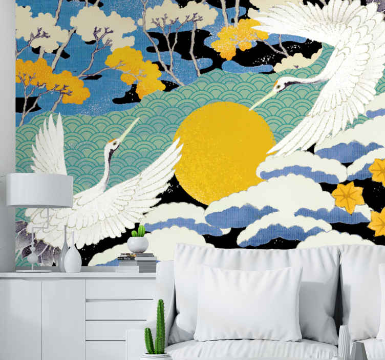 Cranes and Sun nature wall mural