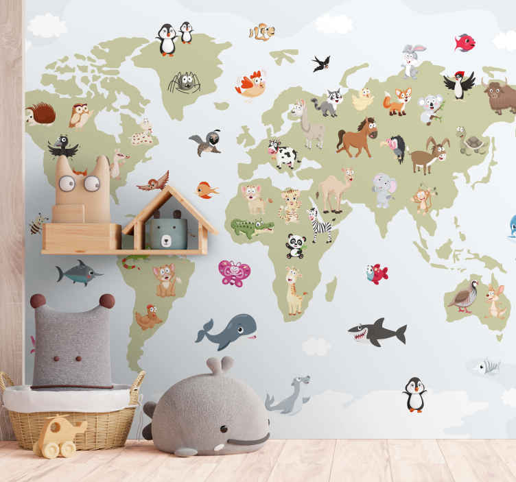 Explorer with Animals world map wall mural - TenStickers