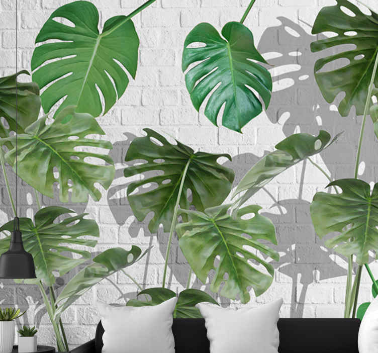 Murales per camera Foglie di banano con muro di mattoni bianchi