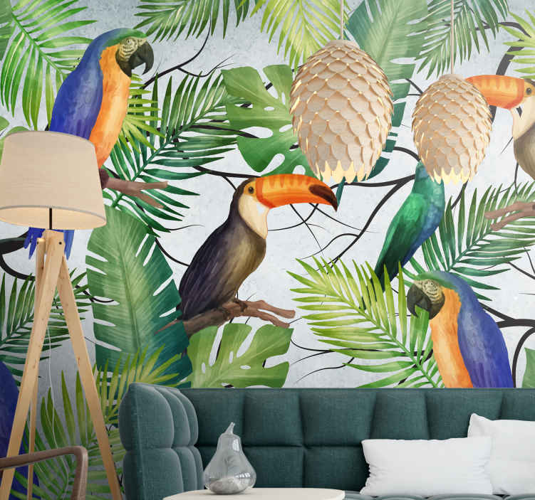 Fotomural naturaleza árboles con aves tropicales. - TenVinilo