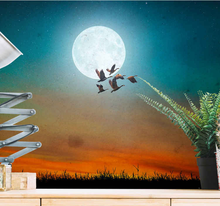月と鳥の壁画の壁紙 Tenstickers