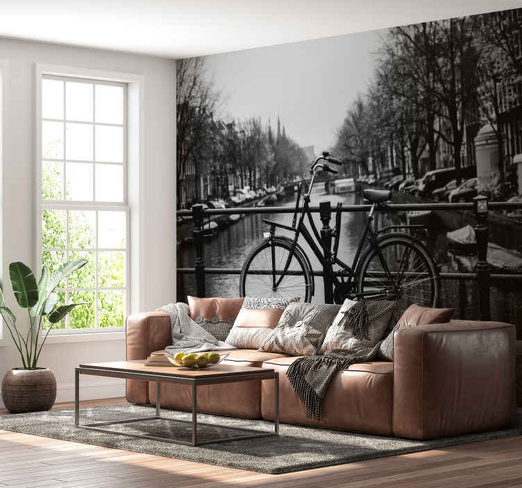Kanaal in Amsterdam grijs fotobehang - TenStickers