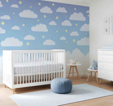 Tapisserie pour chambre bébé nuages et étoiles - TenStickers