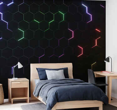 Neon 3D hexagons teenage wall mural - TenStickers
