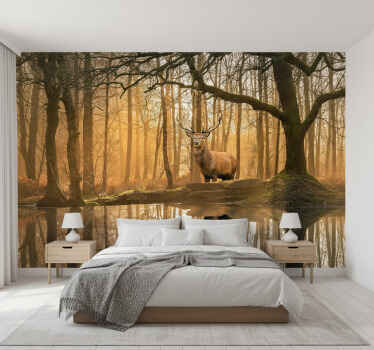 숲 벽 벽화 황금 사슴 호수 - TenStickers