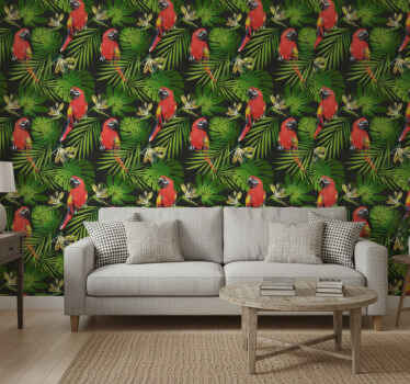 Mural de selva loros coloridos sobre fondo gris - TenVinilo