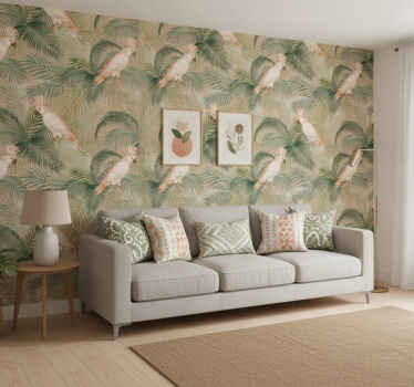 Foto behang jungle witte papegaaien op beige palmen - TenStickers