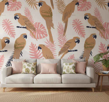 Jungle wall mural of orange parrots with pink flowers - TenStickers