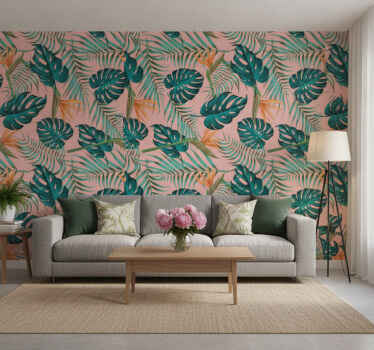 Foto behang jungle aquarel groen en roze tropisch - TenStickers