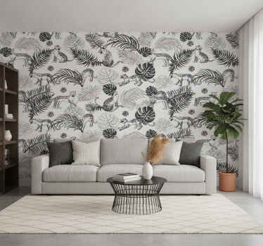 Foto behang jungle zwart-wit luipaard tropisch patroon - TenStickers