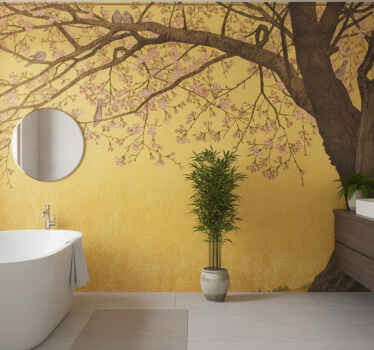 Wall mural bathroom japanese tree yellow background - TenStickers