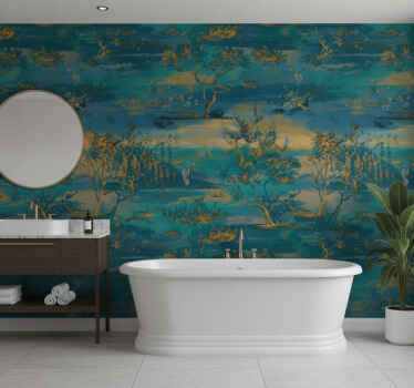 Wall mural bathroom blue and gold asian landscape - TenStickers