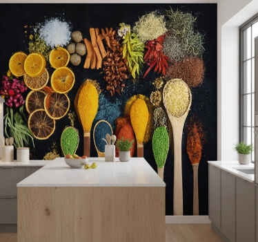 Fotobehang keuken houten lepel met kruiden - TenStickers