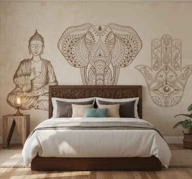 Beige fototapete mit buddha hamsa hand symbol - TenStickers