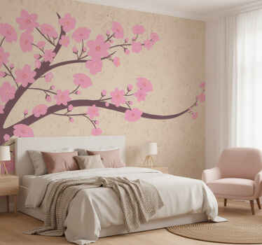 Fototapete beige mit rosa blumen auf beigem hintergrund - TenStickers