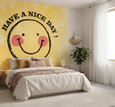 Mural amarillo diseño cara sonriente que dice buen día - TenVinilo