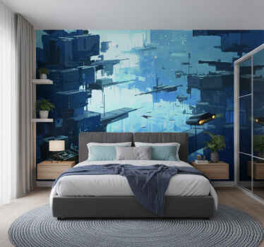 Papel mural azul ciudad futurista con naves espaciales - TenVinilo