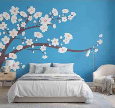 Papel mural azul flores blancas sobre fondo azul - TenVinilo