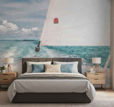 Papel mural azul barco en el mar con nubes blancas - TenVinilo