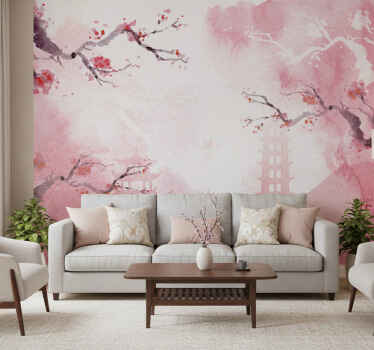 Papel mural rosa panorama de flores de cerezo - TenVinilo