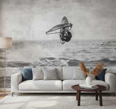 Gray wall mural black and white windsurfing - TenStickers
