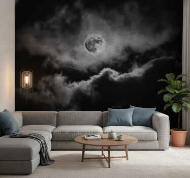 Papel mural negro luna y nubes - TenVinilo