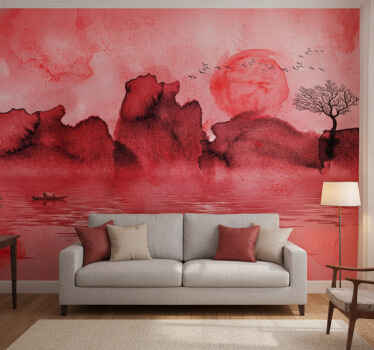 Fotomurale rosso paesaggio in inchiostro cinese - TenStickers