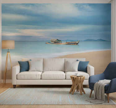 Blue wall mural with boat on the beach - TenStickers