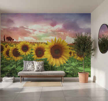 Hallway wall mural sunflower field colorful sky - TenStickers