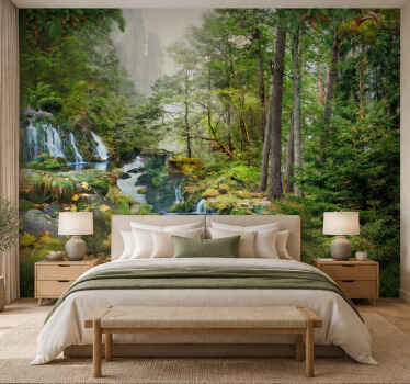Tapisserie nature lac de forêt avec cascade - TenStickers