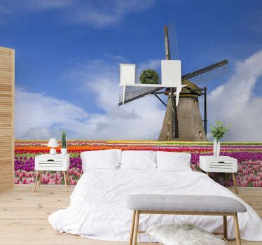 Tulppaanikenttä ja tuulimyllyn valokuvatapetti - Tenstickers