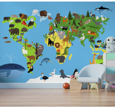 Fototapeta dla dzieci mapa świata ze zwierzętami - TenStickers