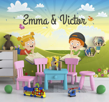 Kinderen met boeken fotobehang kinderkamer - TenStickers