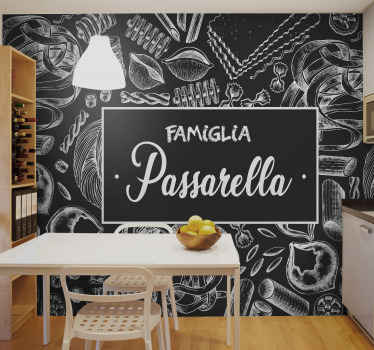 fotomural vinílico de parede de cozinha com nome personalizável. Belo produtocom desenhos ilustrando diferentes preparações alimentares. Original e duradouro.