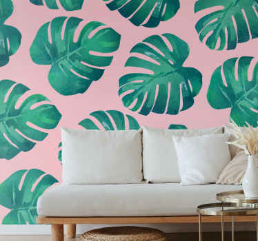 ピンクの背景モンステラは壁の壁画を残します - TENSTICKERS