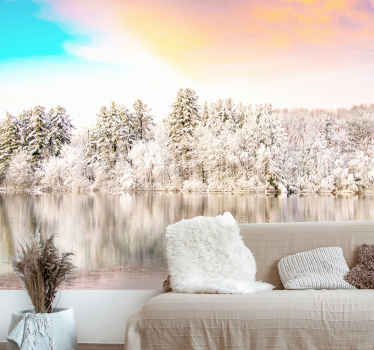 Joki lumella ja vaaleanpunainen taivas taivas valokuvatapetti - Tenstickers