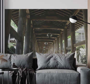 木の柱のある廊下 3d壁画 - TENSTICKERS